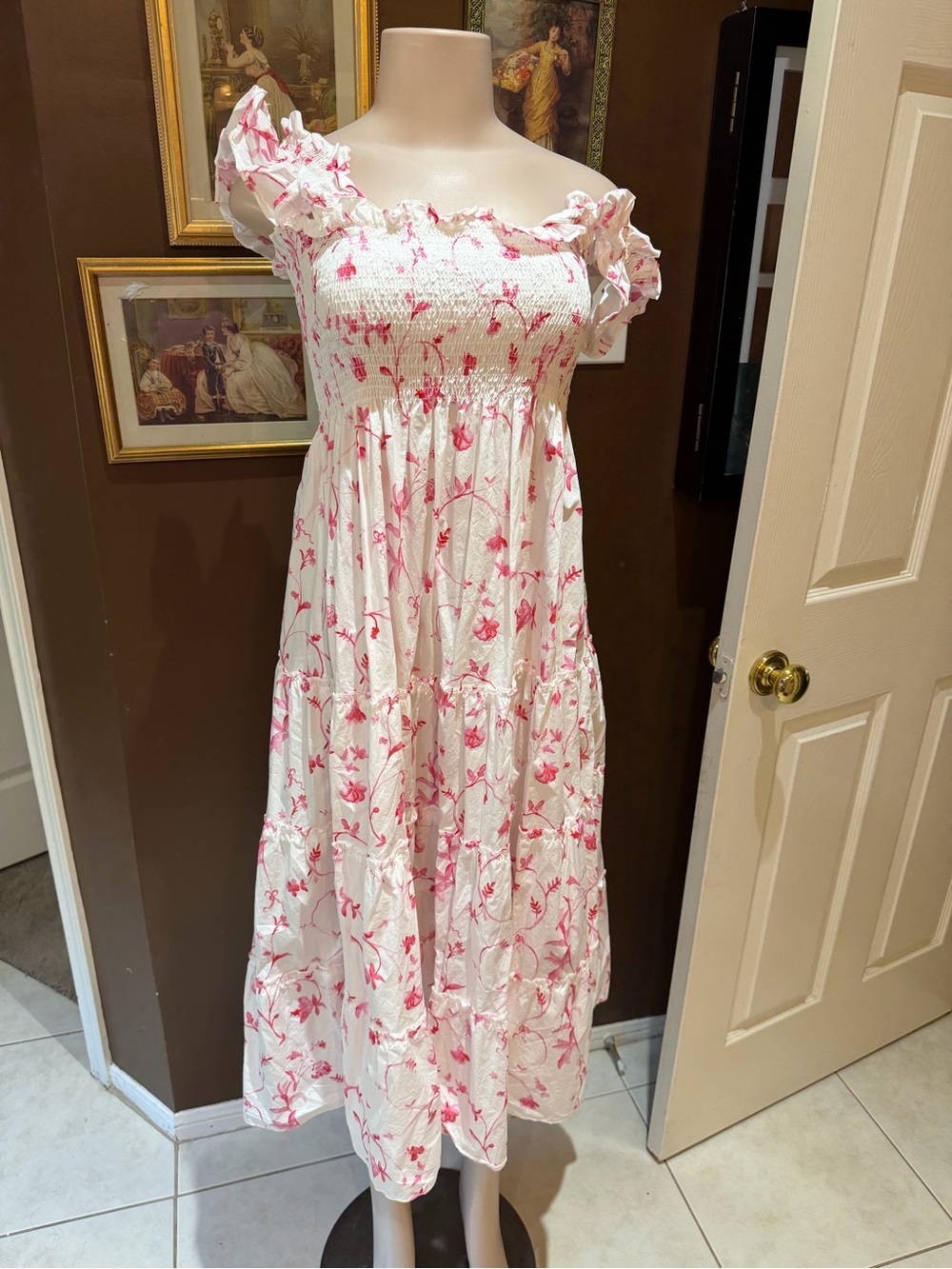 Hill House Cream One-Shoulder Nap Dress with Pink Floral Print